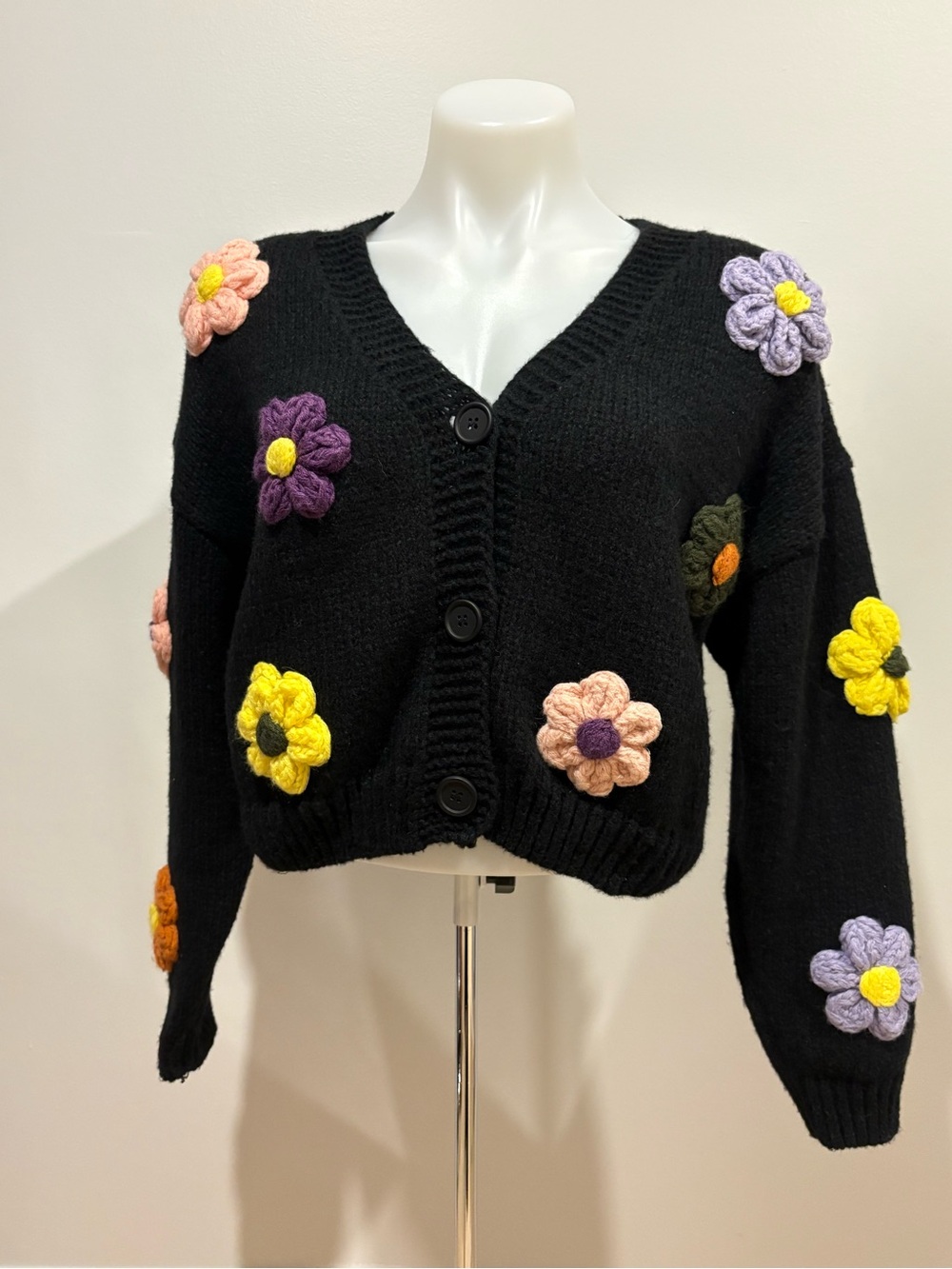 Cider Black V-Neck Button Cardigan with Multicolor Crochet Flowers